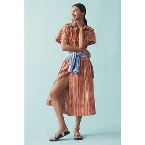 Anthropologie Rust and Ivory Striped Midi Shirt Dress with Blue Tie